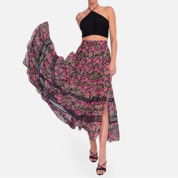 Misa Los Angeles Dresses & Skirts - MISA Olivia Maxi Skirt with slit in Flora Fuchsia Elastic waist pink green Sz L